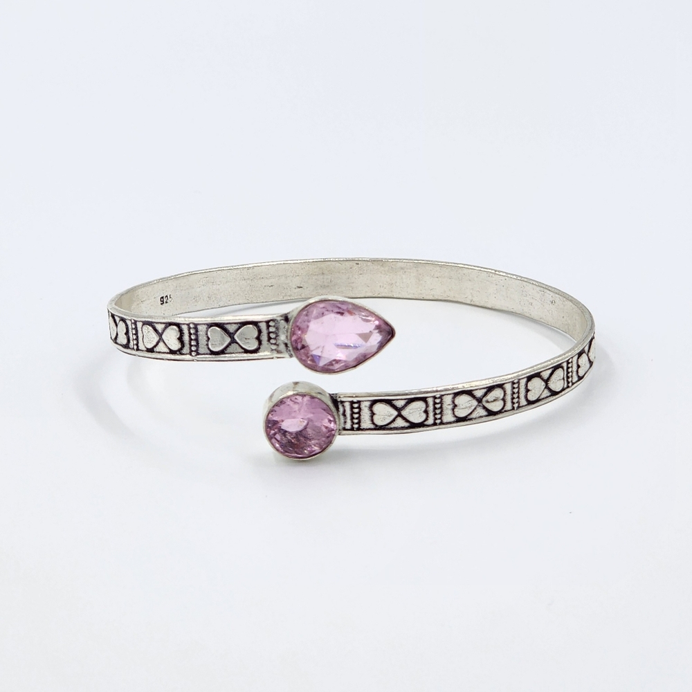 Pink Topaz Silver Cuff Bracelet Handmade Vintage Heart Setting 925 Stamped